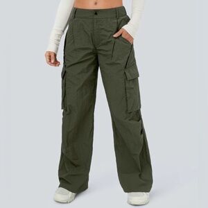 HALARA Women’s Olive Green  Side Cargo Pocket Wide Leg Nylon Pants Size Large